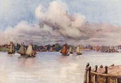 El Rin: Barcos en el Mosa (litografía en color) de Effie Jardine