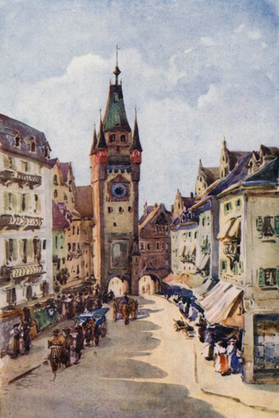 El Rin: Torre Vieja, Friburgo de Brisgovia (litografía en color) de Effie Jardine