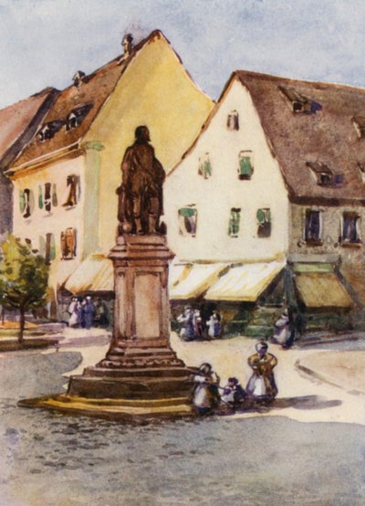 El Rin: Estatua de Sir Francis Drake, Offenburg (litografía en color) de Effie Jardine