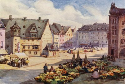 El Rin: La plaza del mercado, Maguncia, Mayence (litografía en color) de Effie Jardine