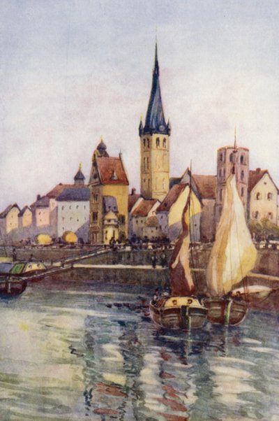 El Rin: El muelle de Düsseldorf (litografía en color) de Effie Jardine