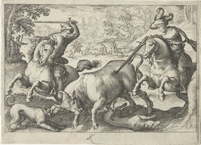Paisaje con caza de toros Escenas de caza (título de la serie) Icones Venantum Species Varias Representantes (título de la serie) de Egbert Jansz.