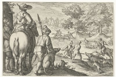 Paisaje con caza de jabalí Escenas de caza (título de la serie) Icones Venantum Species Varias Representantes (título de la serie) de Egbert Jansz.
