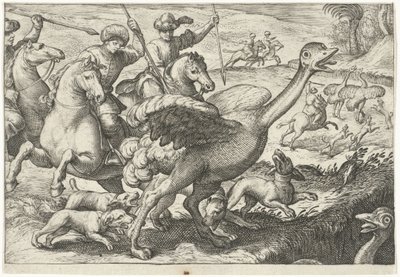 Paisaje con caza de avestruz Escenas de caza (título de la serie) Icones Venantum Species Varias Representantes (título de la serie) de Egbert Jansz.