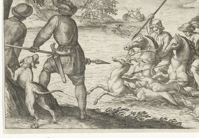 Paisaje fluvial con caza de ciervos. Escenas de caza (título de la serie) Icones Venantum Species Varias Representantes (título de la serie) de Egbert Jansz.