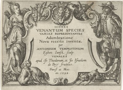 Impresión de título para una serie con escenas de caza. Escenas de caza (título de la serie) Icones Venantum Species Varias Representantes (título de serie en objeto) de Egbert Jansz.