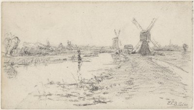Paisaje con río y dos molinos de viento de Egbert Rubertus Derk Schaap