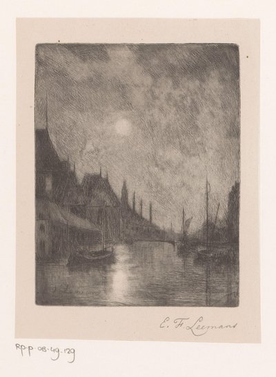 Vista del río en una ciudad de noche de Egide François Leemans (signed by artist)