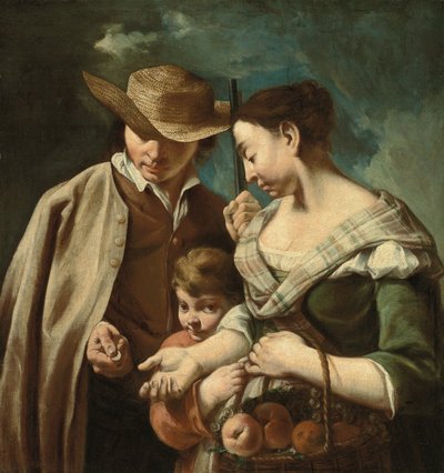 Un frutero y un niño, con una cesta de melocotones, peras y uvas, en un paisaje, con un hombre que sostiene un arma y una moneda, c.1705-84 (óleo sobre lienzo) de Egidio (attr.to) Dall