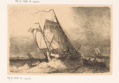 Barcos de vela y un bote de remos en un mar agitado de Egidius Linnig