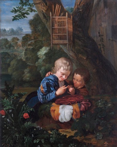 Muchachos con pájaro atrapado (óleo sobre panel de roble) de Eglon Hendrick van der Neer