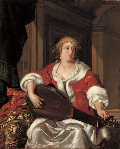 Una joven afina su laúd de Eglon van der Neer