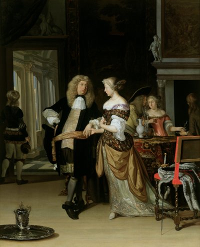 El compromiso: Una pareja joven en un interior elegante, 1678 de Eglon van der Neer