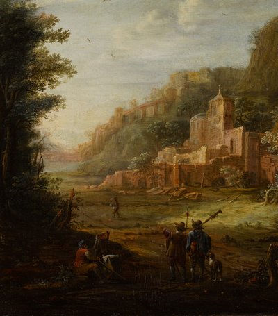 Paisaje boscoso con dos cazadores a la entrada de un valle de Eglon van der Neer