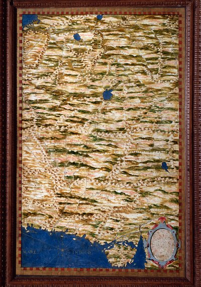 La Sogdiana, un territorio que cubre parte de Uzbekistán, Tayikistán y Afganistán. Mapa realizado por Egnazio Danti, matemático, cosmógrafo y arquitecto italiano. Alrededor de 1567. Florencia, Palazzo Vecchio, Sala del Mappamondo de Egnazio Danti