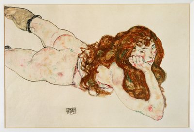 Mujer desnuda tumbada boca abajo - Desnudo sobre ... (gouache y lápiz negro) de Egon Schiele