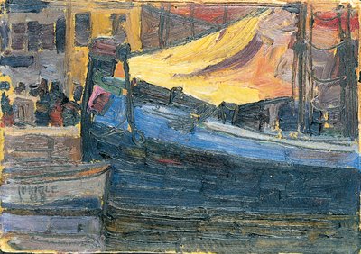 Barcos Anclados con una Pared de Casa en el Fondo, 1908 de Egon Schiele