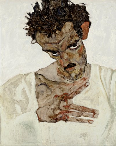 Autorretrato con la cabeza baja. Pintura de Egon Schiele (1890-1918), óleo sobre madera de Egon Schiele