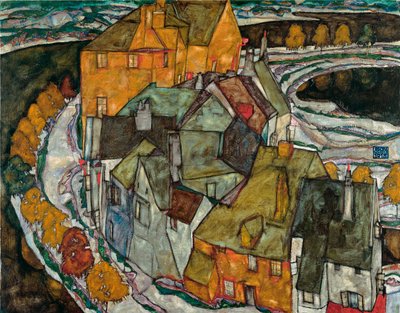 Crescent of Houses II (Island City) - Pintura de Egon Schiele (1890-1918), óleo sobre lienzo de Egon Schiele