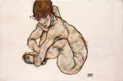 Chica desnuda agazapada - Schiele, Egon (1890-1918) - 1914 - Gouache sobre Papel, Tiza negra - 31,5x48,2 - Museo Leopold, Viena de Egon Schiele