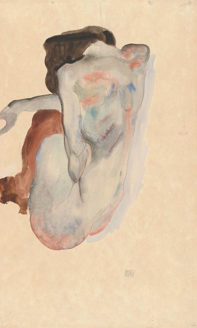 Desnudo agachado con zapatos y medias negras, vista trasera, 1912 de Egon Schiele