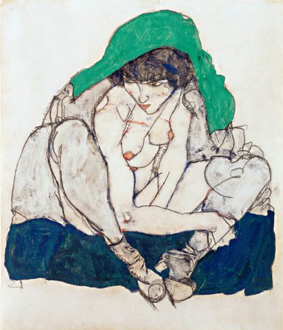 Mujer agazapada con pañuelo verde - Schiele, Egon (1890-1918) - 1914 - Gouache sobre papel, Tiza negra - 47x31 - Museo Leopold, Viena de Egon Schiele