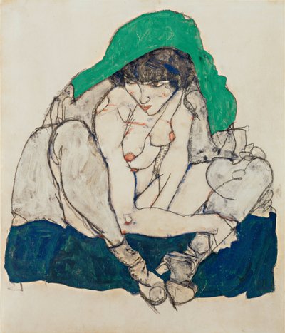 Mujer Agachada con Pañuelo Verde, 1914 de Egon Schiele