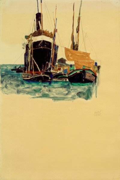 Vapor y veleros en el puerto de Trieste de Egon Schiele