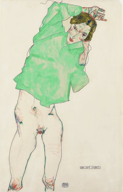 Devant le miroir - Ante el espejo par Schiele, Egon (1890-1918). Lápiz, Gouache sobre papel, medidas : 48,3x32,1 de Egon Schiele