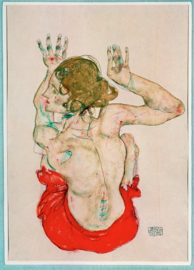 Desnudo femenino sentado sobre drapeado rojo, vista posterior (gouache, acuarela y lápiz) de Egon Schiele