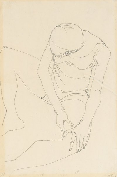 Desnudo femenino inclinado hacia adelante, ambas manos en el muslo izquierdo, 1913 de Egon Schiele