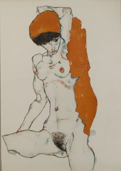 Desnudo femenino con tela rojo-naranja, 1914 de Egon Schiele