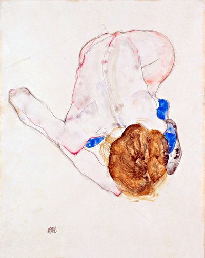 Mujer desnuda con medias azules, inclinada hacia adelante - Gouache sobre papel de Egon Schiele (1890-1918) de Egon Schiele