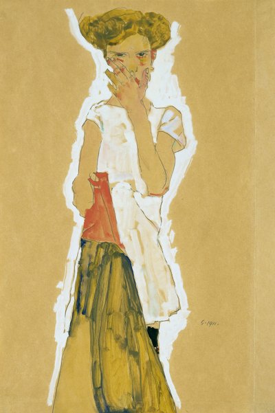 Niña de pie en combinación blanca - Gouache sobre papel de Egon Schiele (1890-1918) - 1911 - Museo de Arte Moderno, Nueva York de Egon Schiele