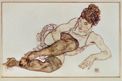 Mujer con medias marrones - Mujer ... (gouache y lápiz negro) de Egon Schiele