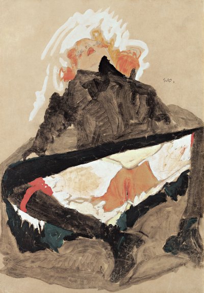 Chica con vestido negro con las piernas abiertas, 1910 de Egon Schiele