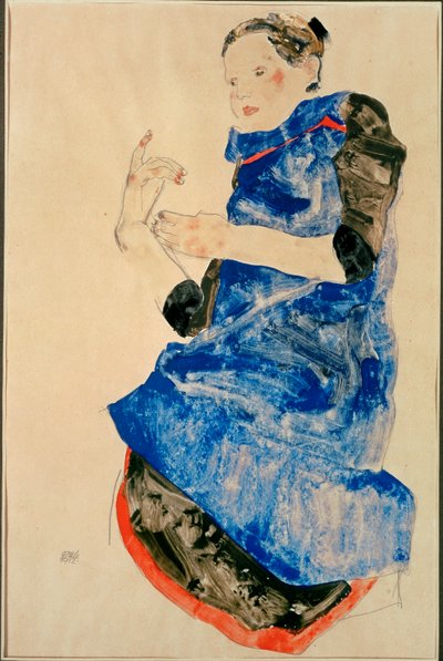 Chica con delantal azul (acuarela y lápiz) de Egon Schiele