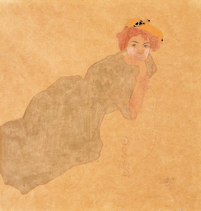 Chica con Vestido Color Oliva con Brazo Apoyado de Egon Schiele