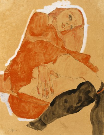 Chica con bata roja y medias negras de Egon Schiele
