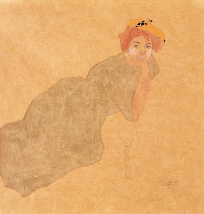Niña con vestido color oliva con brazo apoyado, 1908 de Egon Schiele