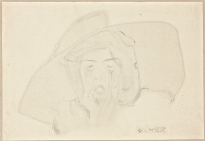 Cabeza de una joven gritando con un gran sombrero, barbilla apoyada en las manos de Egon Schiele