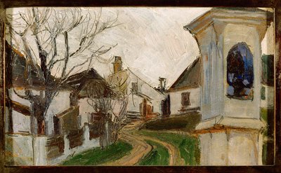 Kahle Baeume, Haeuser und Bildstock - Árboles sin hojas, casas y una ermita (óleo y lápiz sobre cartón) de Egon Schiele