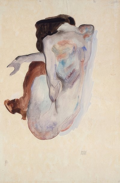 Desnudo agachado con zapatos y medias negras, vista trasera. 1912 de Egon Schiele
