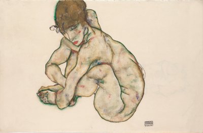 Desnudo de una niña en cuclillas de Egon Schiele