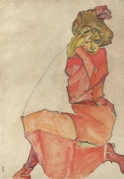 Mujer arrodillada con vestido rojo anaranjado, 1910 de Egon Schiele
