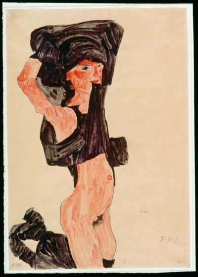 Chica arrodillada, desvistiéndose (gouache, acuarela y lápiz) de Egon Schiele