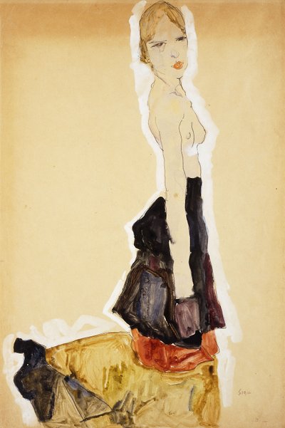 Chica arrodillada con falda española, 1911 de Egon Schiele