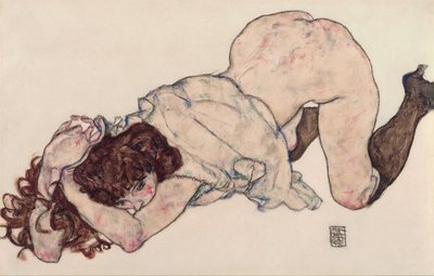 Niña arrodillada, apoyada en ambos codos de Egon Schiele