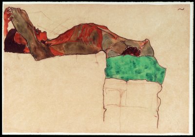 Reclining Male Nude with Green Cloth [Desnudo masculino recostado con tela verde] (acuarela y carboncillo) de Egon Schiele