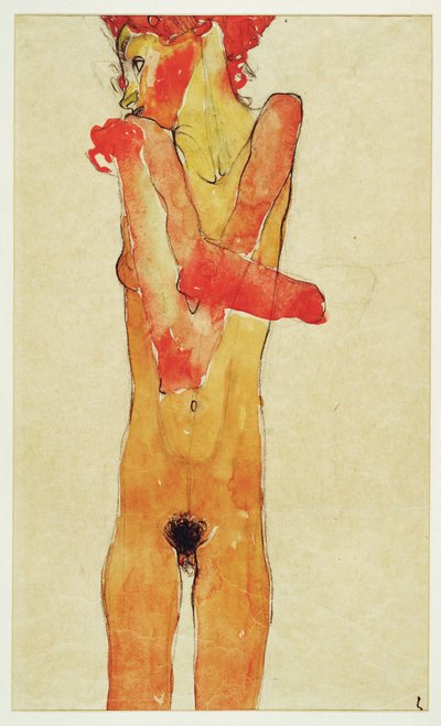 Maedchenakt mit verschraenkten Armen (chica desnuda con ... (acuarela y carboncillo) de Egon Schiele